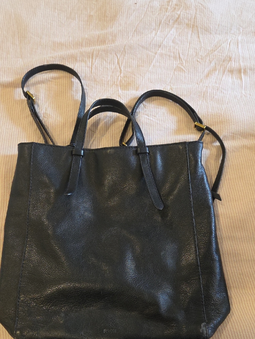 Fossil Black Leather Tote with Covertible Carry Straps